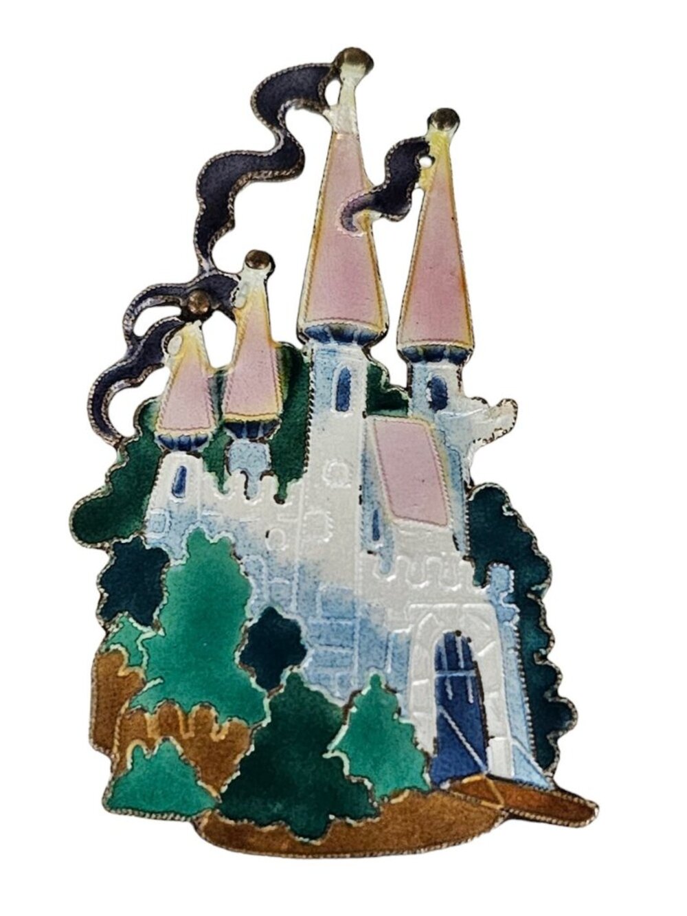 Sterling Silver Zarah Vintage Pink Green Purple Enamel Castle Pin Pendant, L131